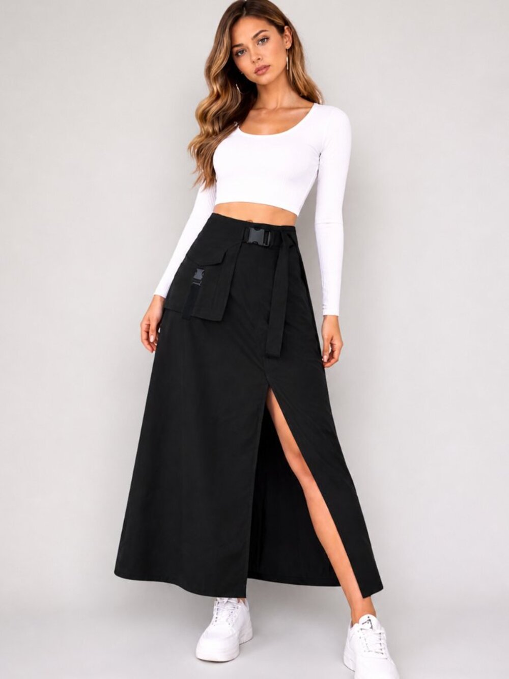 Black Cargo Maxi Skirt Size L High Waist Utility Belted Front Slit Minimalist
